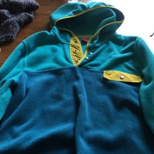 Fleece teal Large cute Hooded jacket yellow blue
